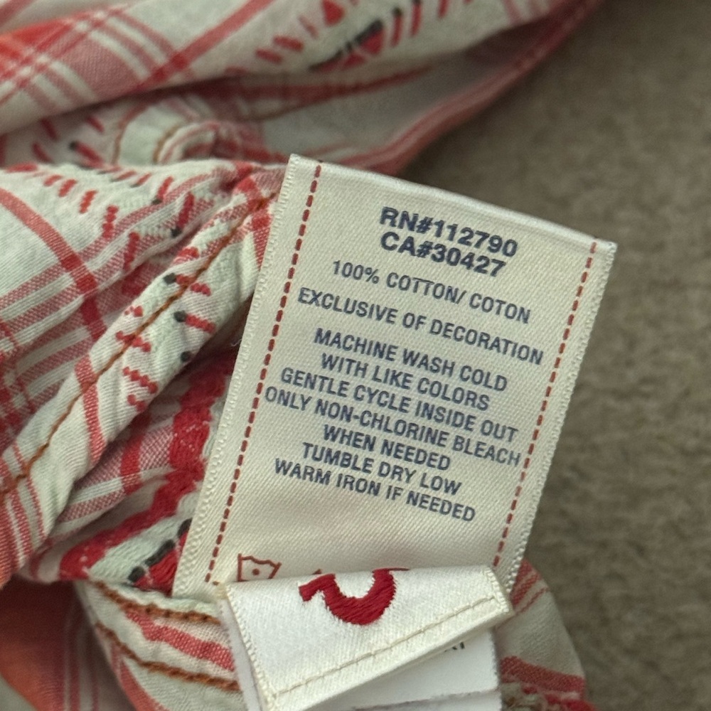 True Religion Western Shirt Men’s XXL 100% Cotton Long Sleeve White Red Pink - Picture 6 of 10